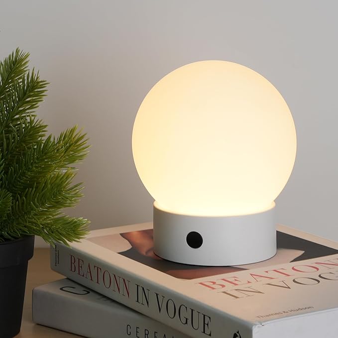 Small Cute Cordless Table Lamp Rechargeable, Battery Operated Shower Lamp Waterproof, Touch Dimmable Globe Ambient Light for Outdoor/Bedside/Patio/Dining (White)