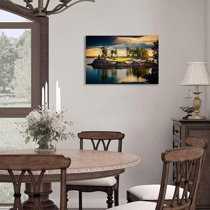 chenchenArt Sunset Landscape Golf Course Wall Art Picture Golf Course Wall Decor for Living Room Bedroom Bathroom Home Decorations Canvas Prints Framed Ready to Hang(12''H x 16''W)