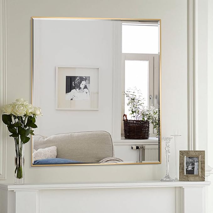 30x40 Inch Gold Mirror with Beveled Trim, Aluminum Frame Bathroom Vanity Mirror, Copper-Free Mirror, Rectangle Wall Mounted Mirror, Modern Rectangular Mirror Horizontal or Vertical