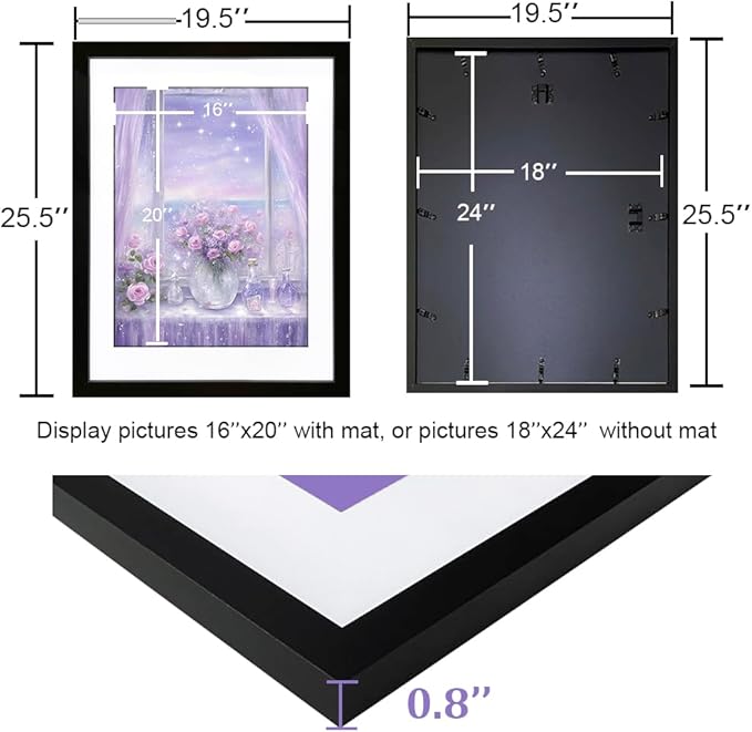 THREELOVE 18x24 Frame Black, Display Picture 16x20 with mat or 18x24 Without mat, Photo Poster Picture Frame Wall Mounting Home Decor, 1-PCS