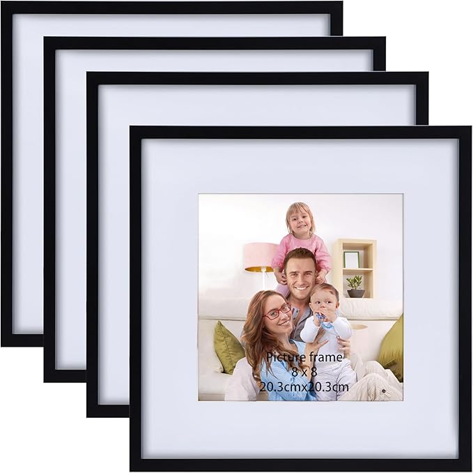 Giftgarden Black 12x12 Picture Frame Set of 4, Matted to 8x8 Picture with Mat, Matted Square Frames for Wall or Tabletop Display