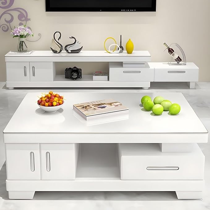 RUNNUP Modern Rectangular Glass Coffee Table with White Wood Base and Storage 2-Tier Coffee Table Accent Center Sofa Table for Living Room, White 47" L x 24" W x 16.5" H
