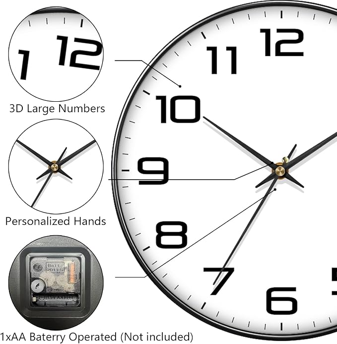 Silent Wall Clock with Extra Large Numbers - 10 Inch Modern Battery Operated Analog Clock, Tempered Glass, Non-Ticking Wall Clocks for Living Room, Bedroom, Kitchen, Office, Classroom, Black