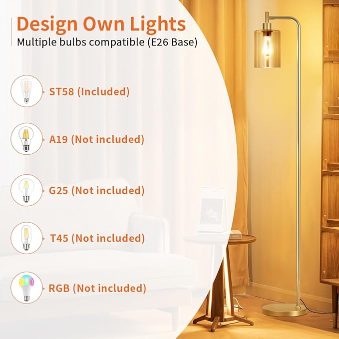 Floor Lamps for Living Room - Gold Standing Lamp with Amber Glass Shade, Modern Floor Lamp with LED Bulbs, Bright Industrial Floor Lamp for Bedroom, Farmhouse Tall Lamp for Office