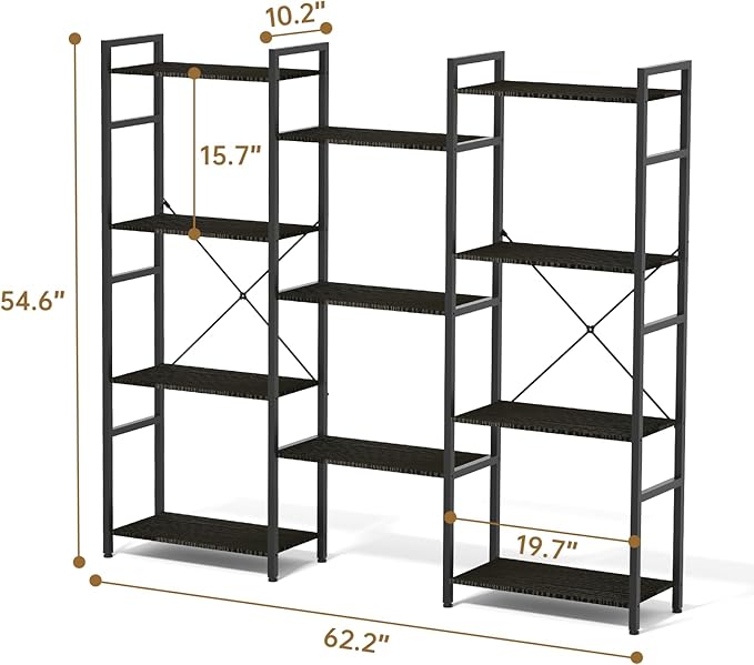 Triple 4 Tier Bookshelf, Tall Book Shelf with 11 Open Display Shelves, Adjustable Industrial Bookcase in Living Room, Bedroom, Wide Metal Bookshelf Book Case for Home & Office, Black