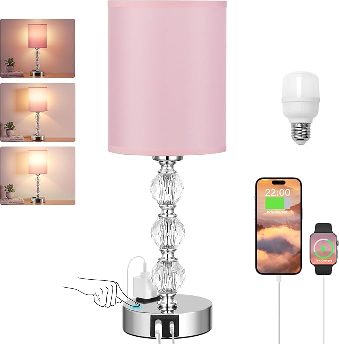 Pink Touch Bedside Lamps for Bedrooms - Crystal Table Lamp with USB C+A Charging Port and AC Outlet Nightstand, 3 Way Dimmable Silver Small End Side Table Lamp for Living/Guest/Dinning Room/Kitchen