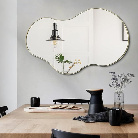 Gold Irregular Mirror, 36"x26" Asymmetrical Wall Mirrors with Metal Frame, Waved Shaped Decorative Mirrors for Living Room Bathroom Bedroom Hallway Entryway Fireplace