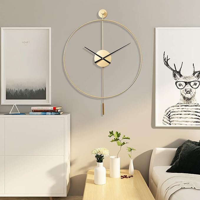 YISITEONE Classical Large Decorative Wall Clock with Pendulum, Modern Non-Ticking Silent Metal Wall Clocks for Living Room, Bedroom, Study, Office, 23.6" (Gold)