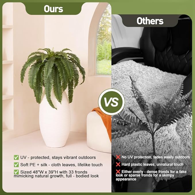 Artificial Boston Ferns 48" UV Resistant Faux Ferns with 33 Fronds for Outdoors - Large Fake Plants for Home, Garden, Front Porch and Hanging Decor - Lifelike Greenery for Indoor Spaces,2pcs VN141