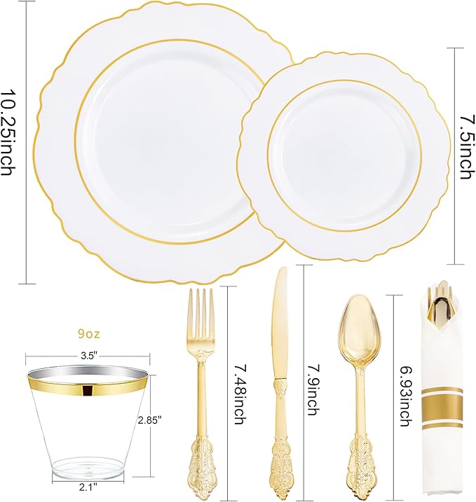 Liacere 350PCS Gold Plastic Plates-Disposable White and Gold Plates 50guest Baroque Plastic Dinnerware include 100Plates, 50Pack Pre Rolled Napkins with Silverware 50Cups for Wedding&Fall Decor
