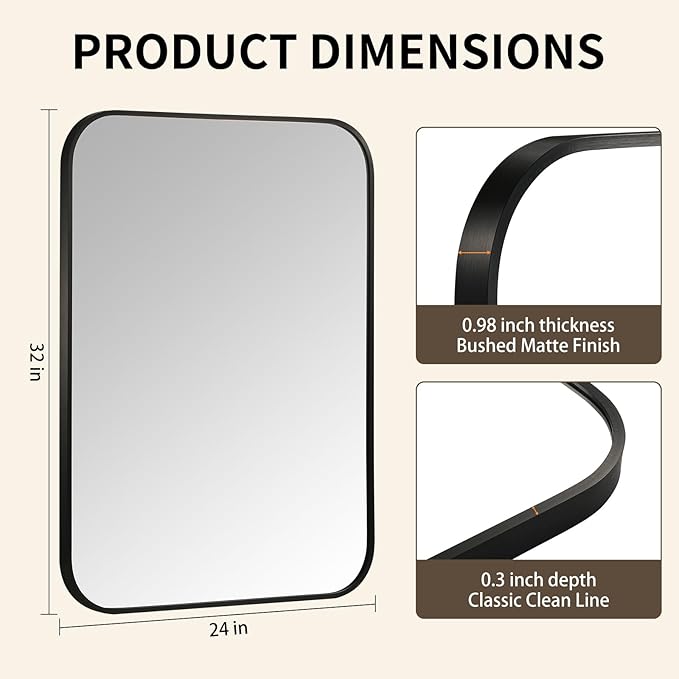 Black Bathroom Mirror, 24x32 Inch Aluminum Frame Rectangle Mirror, Anti-Rust, Tempered Glass, Wall Mirror for Over Sink, Vanity, Bedroom, Entryway, Horizontal/Vertical