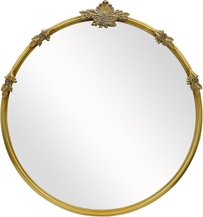 Gold Round Mirror - Baroque Style Ornate 24 Inch Mirror Suitable for Home Decoration, Bedroom, Living Room Wall Art, Retro Luxury Metal Frame Design