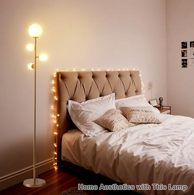 Fiqevs 4 Globe Mid Century Floor Lamp with LED Bulbs & Frosted Glass Lampshade, Modern Gold Tree Standing Lamp, Vintage Torchiere Tall Lamp for Living Room, Bedroom & Office