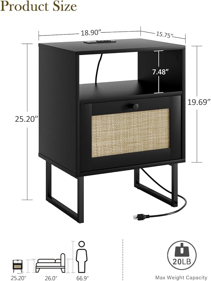 Rattan Nightstand with Charging Station, Mid Century Modern Night Stand,Boho Farmhouse Wood Bedside Table with Storage and Open Shelf, End Side Accent Table for Bedroom,Living Room,Black