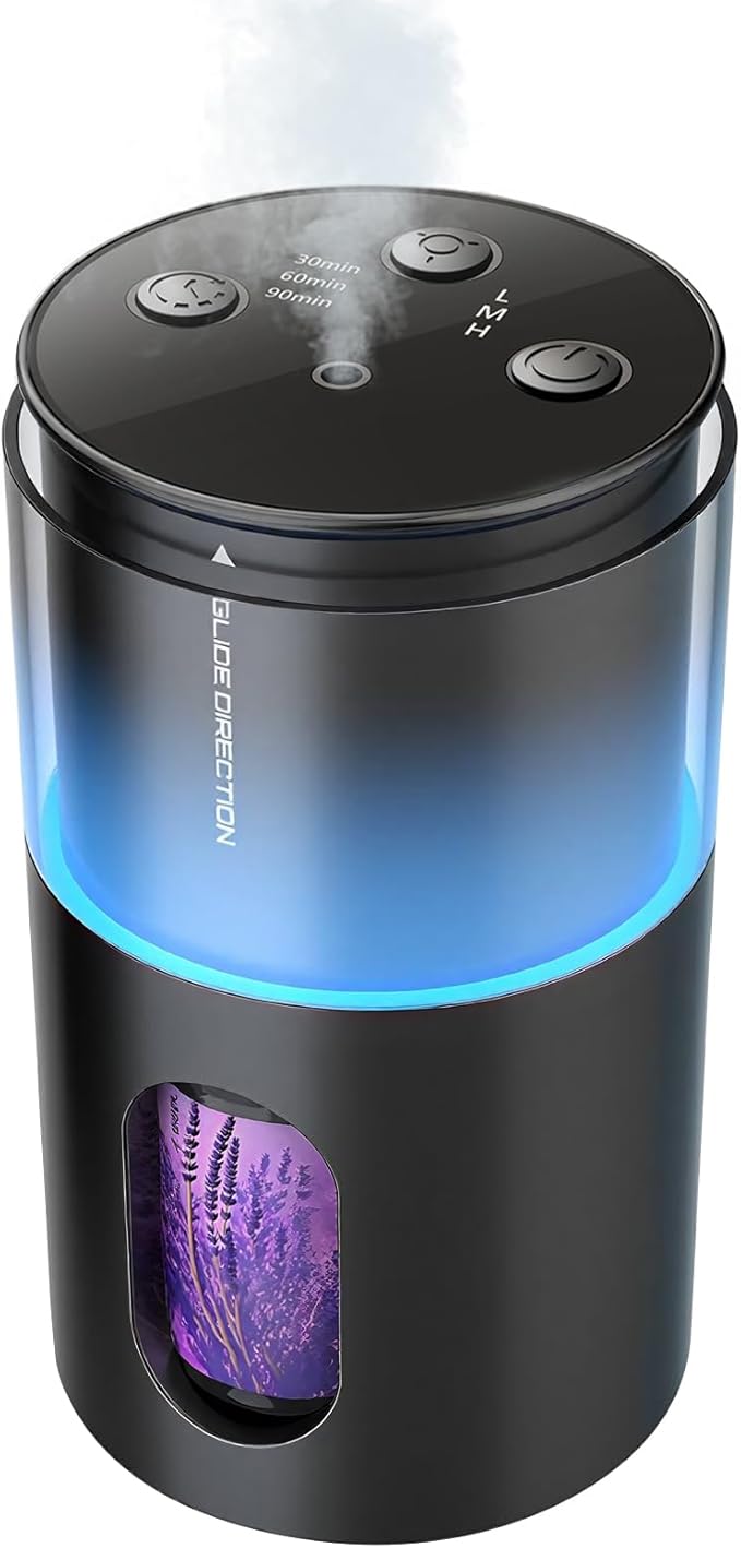 Waterless Essential Oil Diffuser: Battery Mini Scent Diffusers for Home&Car with 8 Color LED Night Light — Cool Mist Aroma Machine Deep Black
