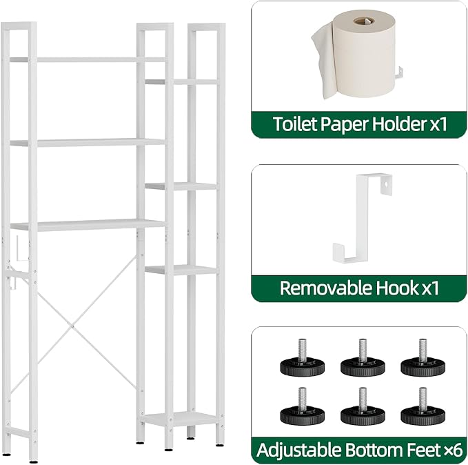 OTK Over The Toilet Storage with 7-Tier Bathroom Organizer Shelf, Freestanding Space Saver with Hooks & Adjustable Feet, Storage Rack for Bathroom, Restroom, Laundry, White
