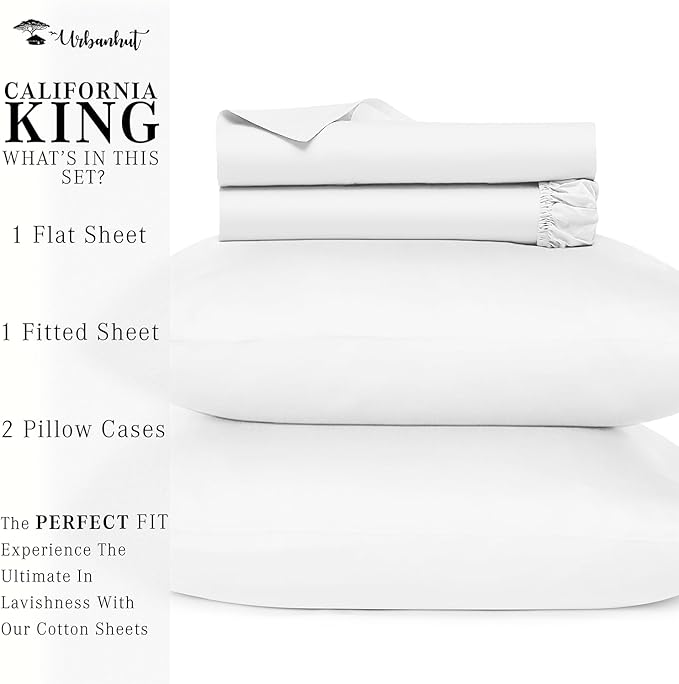 URBANHUT 700 Thread Count Egyptian Cotton Sheets California King Size, 4Pc Sheet Set Soft Luxury Bed Sheet for California King Size Bed, Sateen Weave Hotel Sheets, 16'' Elasticized Deep Pocket - White