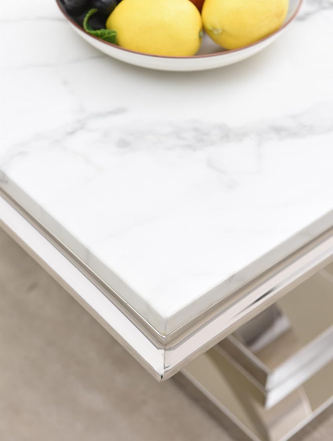SSLine Rectangular Faux Marble Coffee Table for Living Room Modern Luxury White Marble Center Table with Silver Pedestal Base 46.8" Mid-Century Cocktail Table with Mirrored Stainless Steel Frame Legs