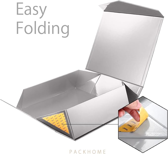 PACKHOME 17x14.5x5.5 Inches, 3 Extra Large Gift Boxes with Lids, Magnetic Closure Boxes for Clothes and Large Gifts (Glossy Silver with Grass Texture)