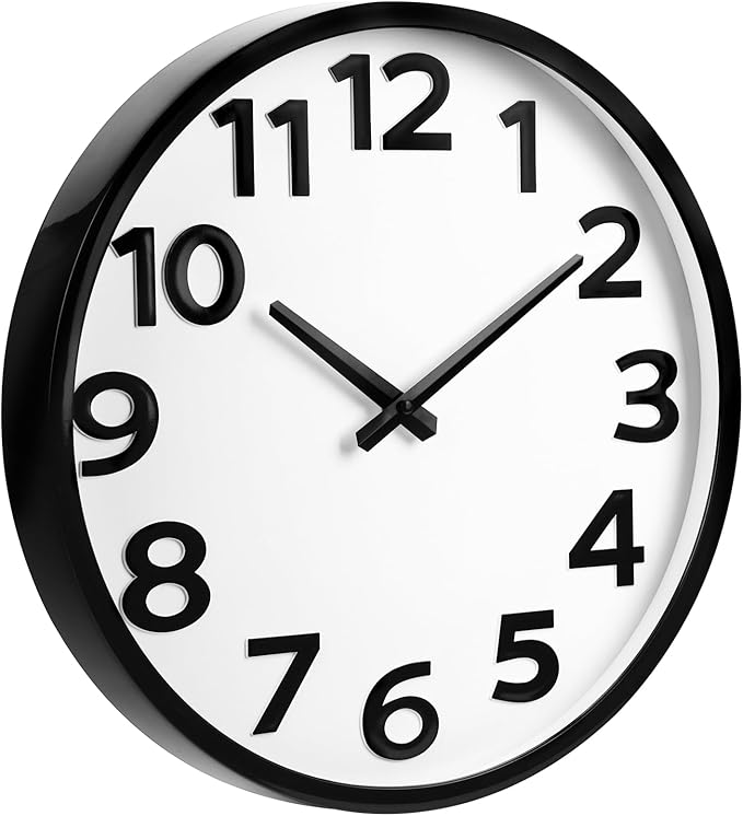 16 Inch Large Wall Clock Modern Simple Decorative for Living Room Home Office Classroom Decor, Black, Big 3D Numbers