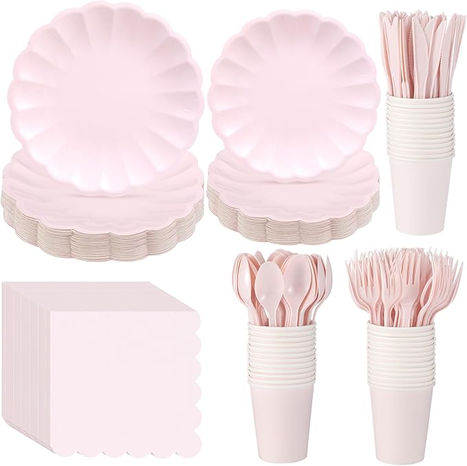 Newtay Light Pink Scalloped Paper Plates Shell Edge Disposable Tableware Cocktail Napkins Cups Plastic Spoons Forks Knives for Wedding Baby Shower Picnic Birthday Party Supply for 50 Guests