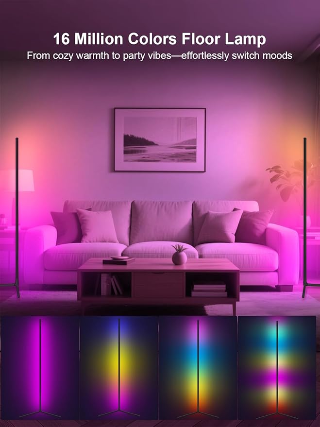 Smart RGB Floor Lamp with Remote Control, Color Changing LED, App Compatible, Black