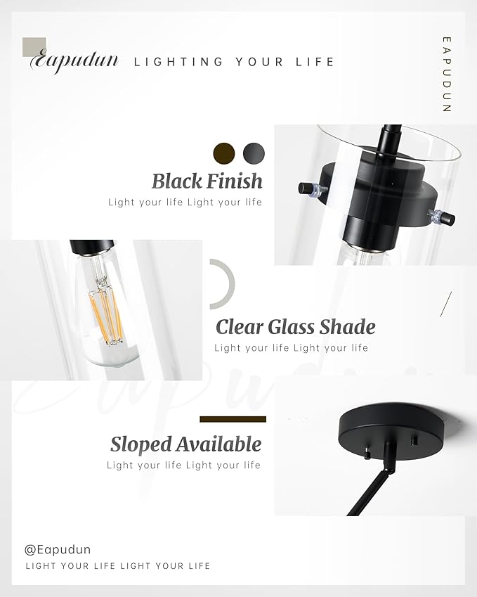 EAPUDUN Industrial Pendant Light Fixtures,Clear Glass Shade Pendant Lighting,Vintage Hanging Lighting Fixture for Kitchen Island,Dining Room,Corridor Bedroom E26 Base UL Listed, PDA1353-MBK