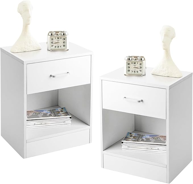 Karl home Nightstands Set of 2 with Drawer for Bedroom, Wood Night Stand Set 2 with Open Shelf, Modern Nightstand Bedside Tables Set of 2, End Table, White