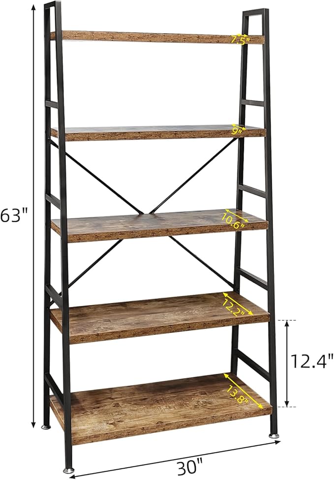 5 Tier Ladder Bookshelf, Heavy Duty Rustic Brown Wood and Metal Bookcase with 1.2" Thick Shelves, 63" H x 30" W x 14" D, Industrial Open Storage Shelving for Living Room, Bedroom, Kitchen