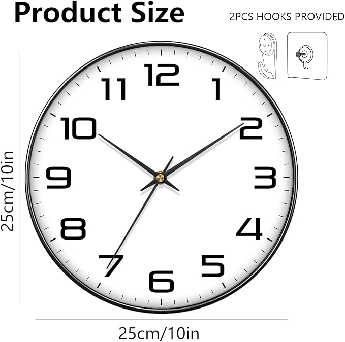 Silent Wall Clock with Extra Large Numbers - 10 Inch Modern Battery Operated Analog Clock, Tempered Glass, Non-Ticking Wall Clocks for Living Room, Bedroom, Kitchen, Office, Classroom, Black