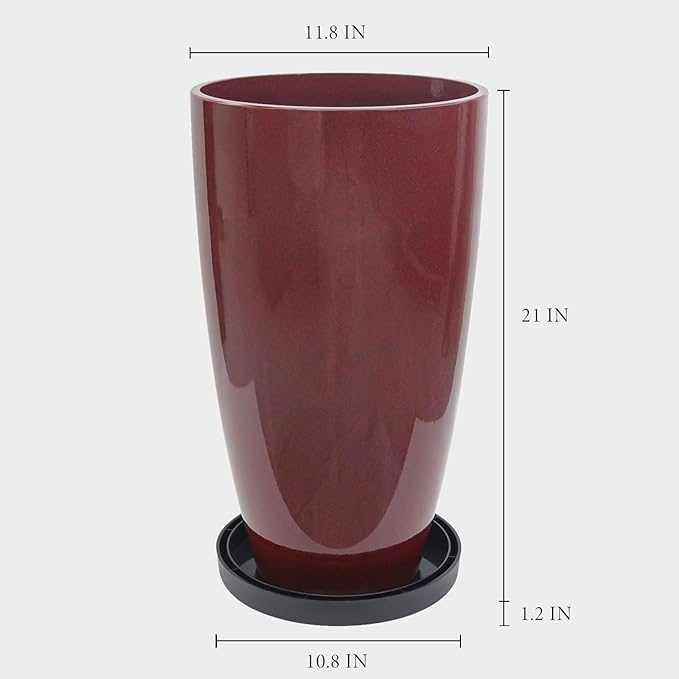 ZMTECH 21 Inch Tall Outdoor Planters Set of 2 Round Tall Plant Pots for Outdoor/Indoor with Shelf Inset, Wine Red Glossy Smooth Finish - Large Plastic Pots with Drainage Holes for Front Porch Patio