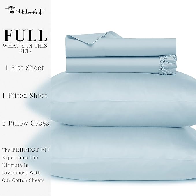 URBANHUT 700 Thread Count Full Size Egyptian Cotton Sheets, 4Pc Sheet Set Soft Luxury Bed Sheets for Full Size Bed, Sateen Weave Hotel Sheets, 14'' Elasticized Deep Pocket - Light Blue
