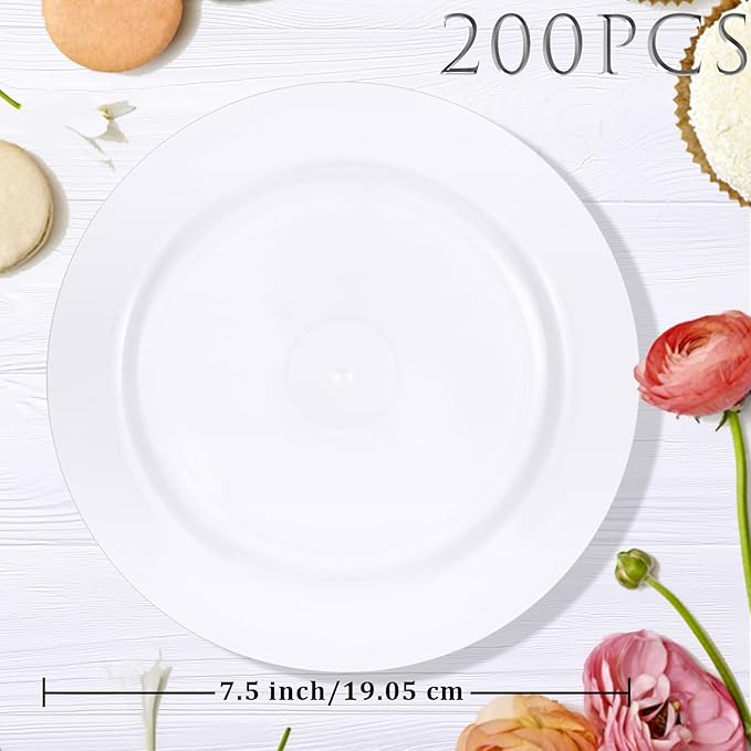 200 Pieces Disposable Plates Plastic Plates with Rim Hard Plastic Appetizer Salad Dessert Plates 7.5 Inch Heavy Duty Plates for Dinner Wedding Party Supplies(White)