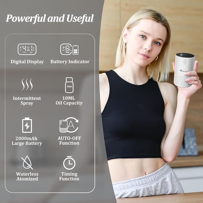 Waterless Diffuser for Essential Oil - Aroma Diffuser for Home with Battery Indicator, Portable Smart Scent Air Machine 1/2/3 & Continuous Mist, Timing & Auto-Off Function (White)