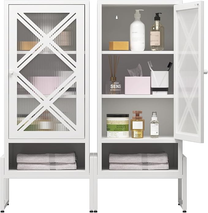 LEYNOT Small Bathroom Storage Cabinet 42.51“H Metal Bathroom Floor Cabinet with Adjustable Shelves for Pantry，Kitchen, Home Office, Living Room, Dinning Room (White+Transparent Door Panel)