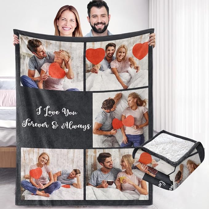 Custom Sherpa Fleece Blanket with Photos, Text, Soft, Warm, Fuzzy - Personalized Couples Gifts for Boyfriend, Girlfriend - Customized Picture Blanket for Birthday, Anniversary, Christmas