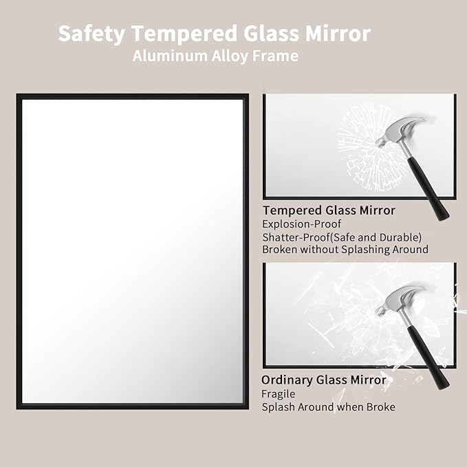 LOAAO 22"X30" Black Rectangle Bathroom Mirror Wall, Matte Black Aluminum Alloy Frame, Hangs Vertically or Horizontally, Easy to Install