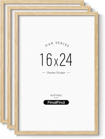 Minimalist 16x24 Frame Set of 3, Natural Solid Oak Wood 16x24 Poster Frame, Lightweight for Wall Mounting(3 Pack, Oak)