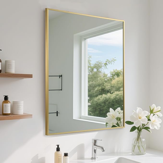 FARMER 24x36 Inch Gold Bathroom Mirror, Rectangle Wall Mounted Mirror, Vanity Mirror, Brushed Square Mirror, Framed Bathroom Mirror for Bedrooms, Entryways, Living Rooms, Horizontal/Vertical