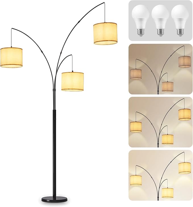 DLLT Modern Floor Lamp for Room: 3-Light Black Tree Dimmable Floor Lamps with Beige Shades for Living Room - Arc Standing Lamp for Bedroom - Tall Floor Lamp for Office Corner 3 LED Bulbs Included