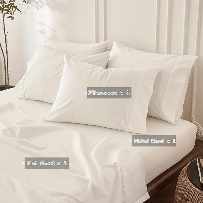 6PS Linen Like Bedding Sheet Sets Off White King Size Cotton Bedding Set Oeko-TEX Standard 100% Washed Cotton Deep Pocket King Size Fitted Sheet Plus Cozy Flat Sheet and 4 Pillowcases