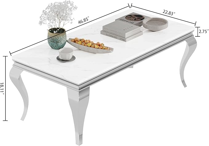 SSLine Rectangular Faux Marble Coffee Table for Living Room Modern Luxury White Marble Center Table with Silver Curved Legs 46.8" Mid-Century Cocktail Table with Mirrored Stainless Steel Frame