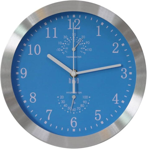 HITO 10” Silent Wall Clock Battery Operated Non Ticking Sweep Movement Glass Cover Silver Aluminum Frame, for Kitchen, Bedroom, Home Office, Living Room Decor (Blue)