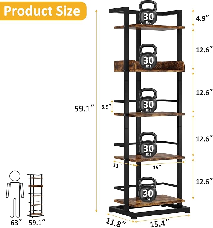 Hosfais Book Shelf Narrow Bookshelf: 5 Tier Wood Bookcase with Metal Edge Protection Industrial Modern Bookshelf Book Storage Organizer for Living Room Bedroom Home Office (Rustic Brown)