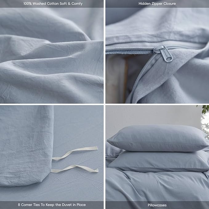 MooMee Twin Duvet Cover Set, 100% Washed Cotton Linen Like Twill Thick Sturdy Material Super Soft Breathable Durable Bedding for All Season, 2 Pieces (Cornflower Blue, Twin 68"x90")