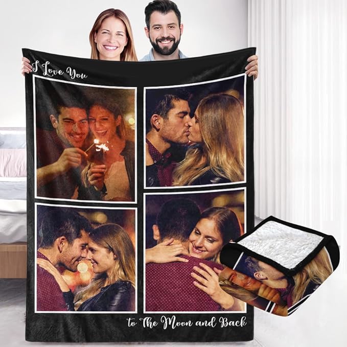 Custom Sherpa Fleece Blanket with Photos, Text, Soft, Warm, Fuzzy Personalized Couples Gifts for Boyfriend, Girlfriend