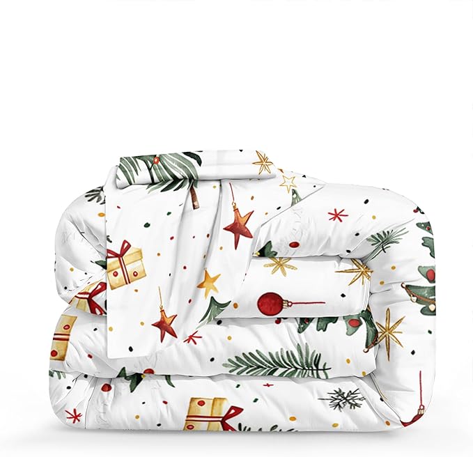 Bedorm Christmas Tree Comforter Queen Merry Xmas Bedding Set Green Xmas Tree Yellow Reds Balls Stars Holiday Decor Green White Quilt Comforter Set