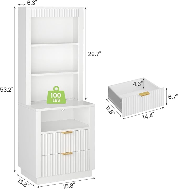 ADORNEVE Tall Fluted Nightstand Set of 2, Side Table with Drawers & Open Shelf, Mid Century Modern Night Stand with Metal Handle, Wooden Bedside End Table for Bedroom,Living Room,White