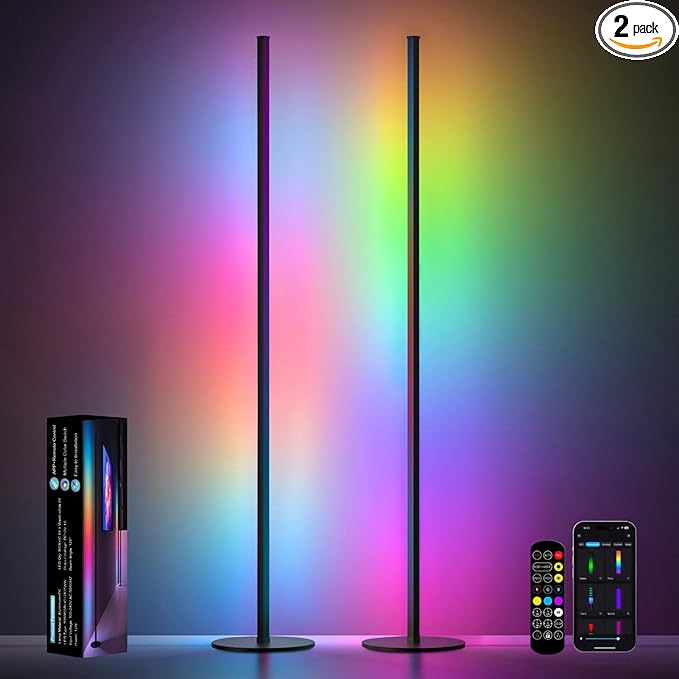 RGB Corner Floor Lamp 2 Pack, 55" Minimalist Standing Lamp with Remote Control, Music Sync 16 Million Colors, Warm White Ambient Lighting, Color Changing LED Corner Lamp for Living Room Bedroom Gaming