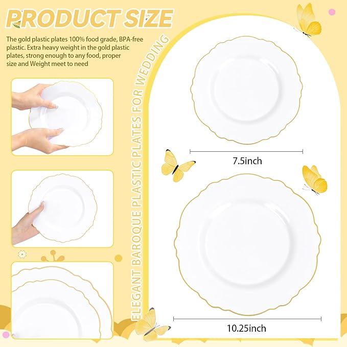 WDF 100pcs Gold Plastic Plates - High-end Baroque Design - Heavy Duty White &Gold Wedding Plates Set Ideal for Weddings/Party/Bridal Shower
